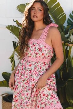 Sale Dear-Lover Floral Lace Tied Strap Empire Waist Maxi Dress Pink