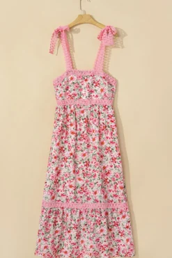 Sale Dear-Lover Floral Lace Tied Strap Empire Waist Maxi Dress Pink