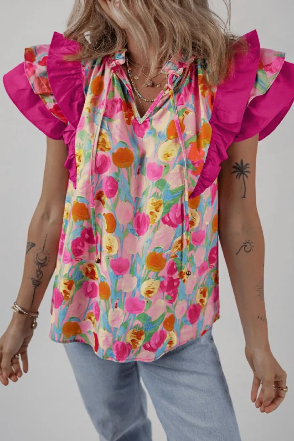 Outlet Dear-Lover Floral Layered Ruffle Flutter Sleeve Tie V Neck Blouse Pink