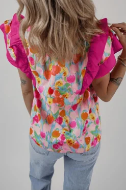 Outlet Dear-Lover Floral Layered Ruffle Flutter Sleeve Tie V Neck Blouse Pink