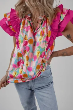 Outlet Dear-Lover Floral Layered Ruffle Flutter Sleeve Tie V Neck Blouse Pink