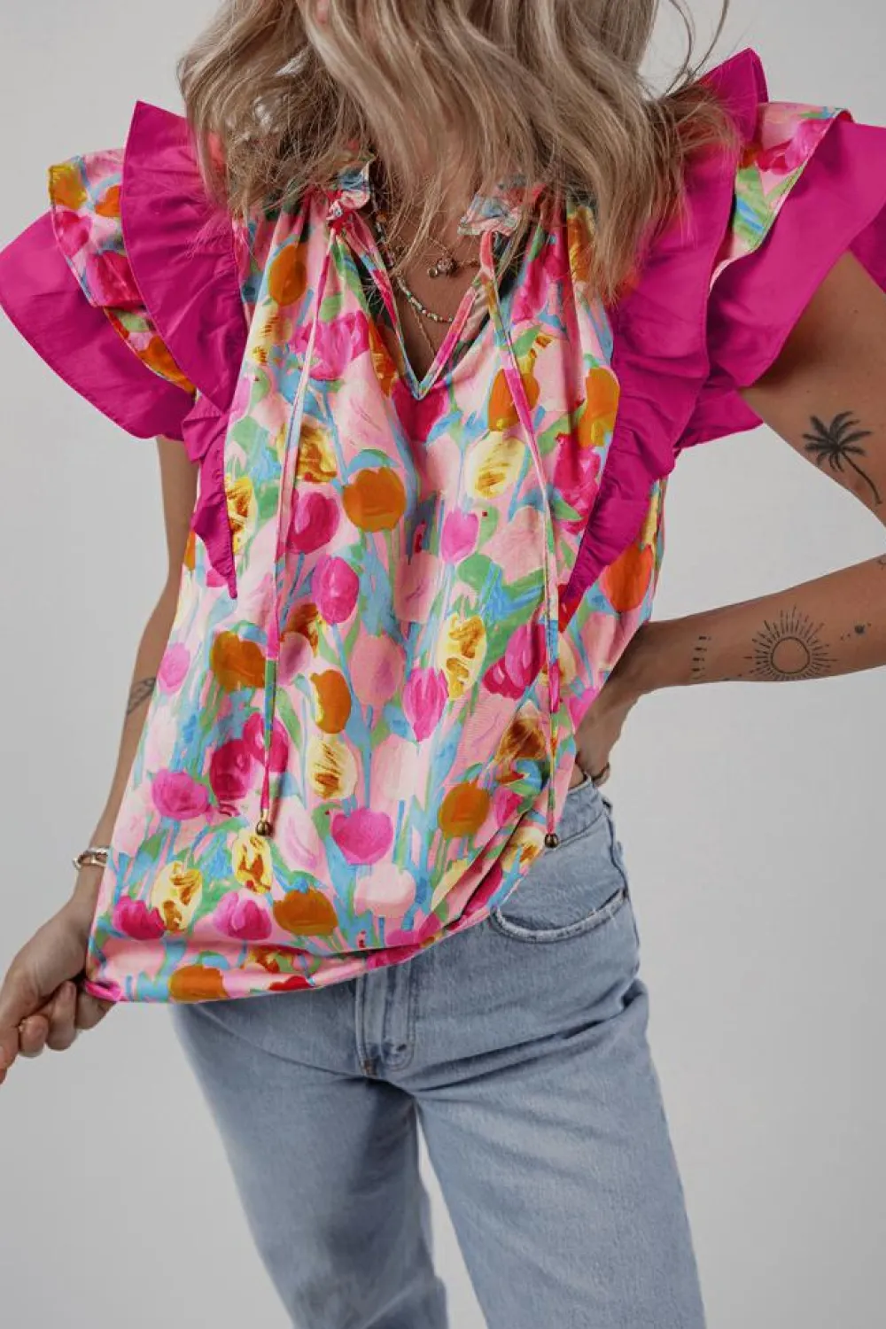 Outlet Dear-Lover Floral Layered Ruffle Flutter Sleeve Tie V Neck Blouse Pink
