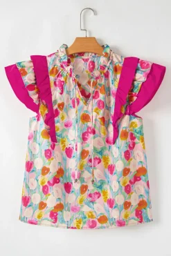 Outlet Dear-Lover Floral Layered Ruffle Flutter Sleeve Tie V Neck Blouse Pink