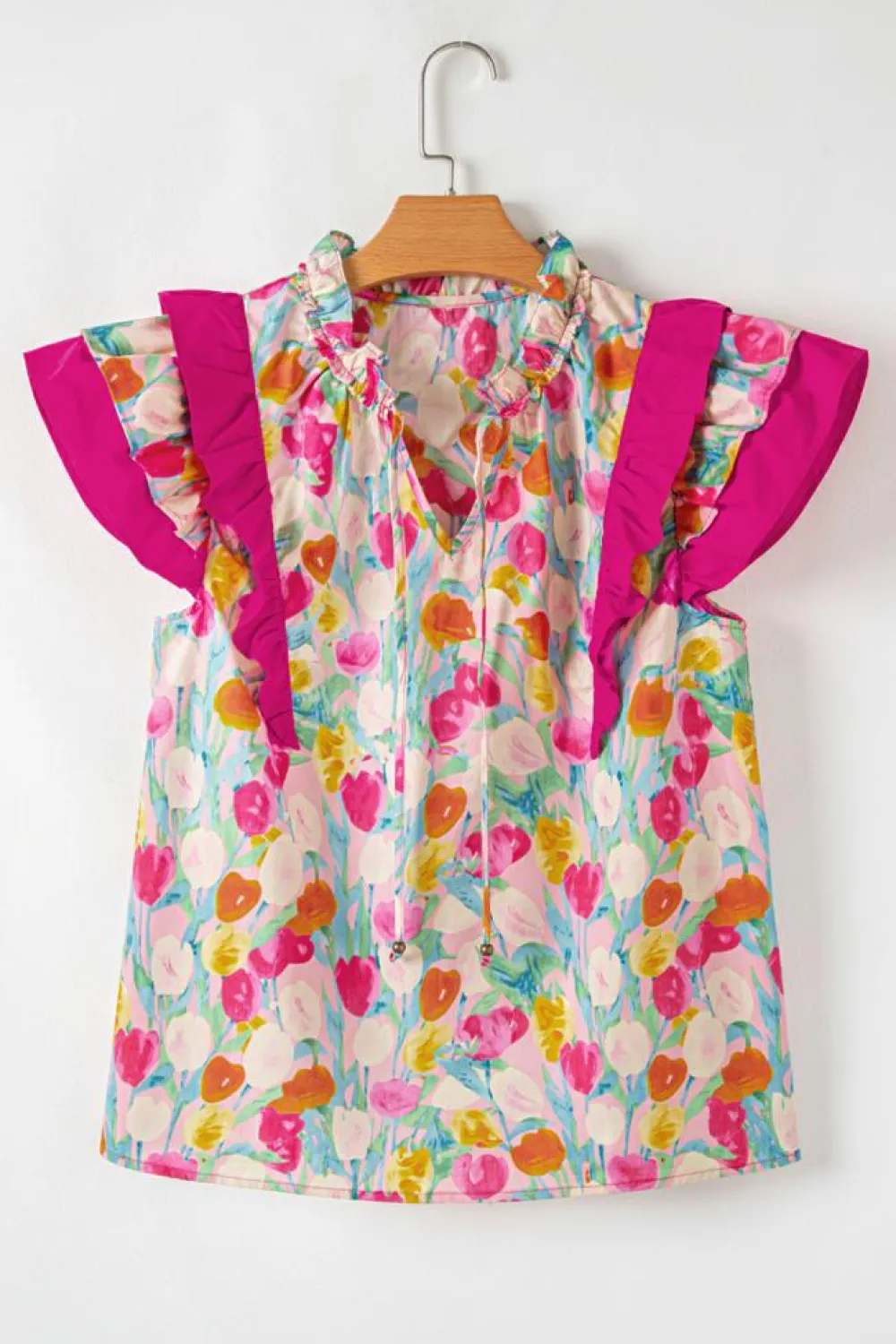 Outlet Dear-Lover Floral Layered Ruffle Flutter Sleeve Tie V Neck Blouse Pink