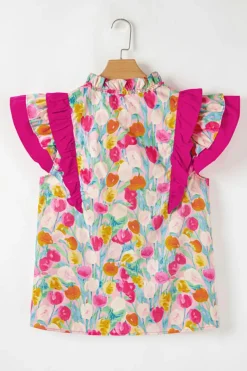 Outlet Dear-Lover Floral Layered Ruffle Flutter Sleeve Tie V Neck Blouse Pink