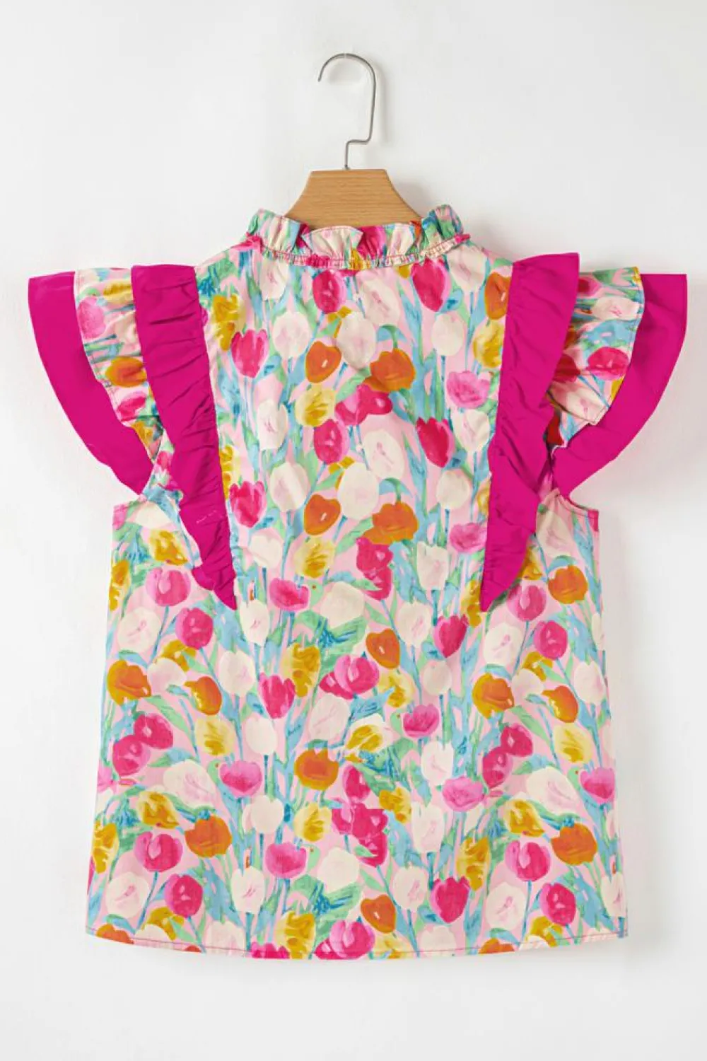 Outlet Dear-Lover Floral Layered Ruffle Flutter Sleeve Tie V Neck Blouse Pink