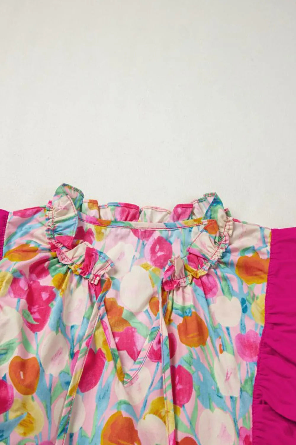 Outlet Dear-Lover Floral Layered Ruffle Flutter Sleeve Tie V Neck Blouse Pink