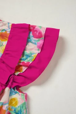 Outlet Dear-Lover Floral Layered Ruffle Flutter Sleeve Tie V Neck Blouse Pink