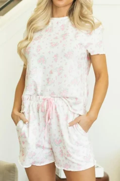 Clearance Dear-Lover Floral Lettuce Trim Tee and Shorts Ribbed Lounge Set Pink