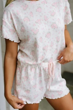 Clearance Dear-Lover Floral Lettuce Trim Tee and Shorts Ribbed Lounge Set Pink