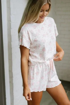 Clearance Dear-Lover Floral Lettuce Trim Tee and Shorts Ribbed Lounge Set Pink