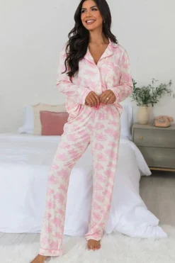 Clearance Dear-Lover Floral Long Sleeve and Pants Pajamas Set Pink