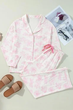 Clearance Dear-Lover Floral Long Sleeve and Pants Pajamas Set Pink
