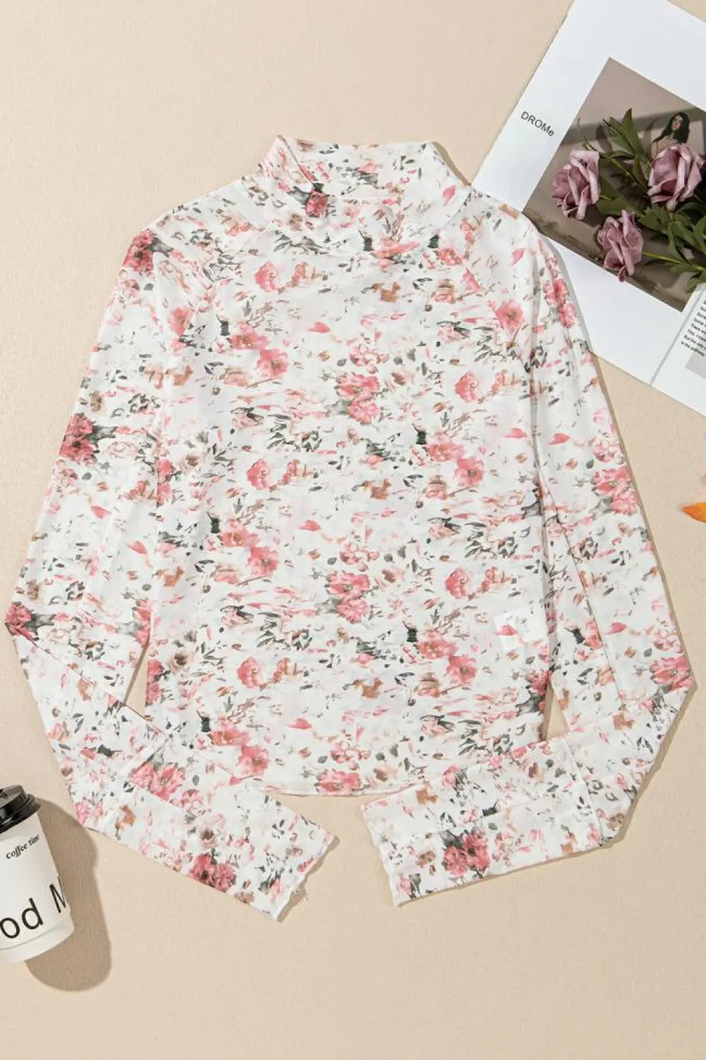 Hot Dear-Lover Floral Long Sleeve High Neck Sheath Mesh Top Pink