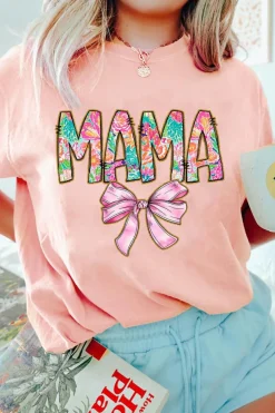 Best Dear-Lover Floral MAMA Bowknot Print Crewneck T Shirt Pink