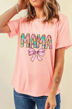 Best Dear-Lover Floral MAMA Bowknot Print Crewneck T Shirt Pink