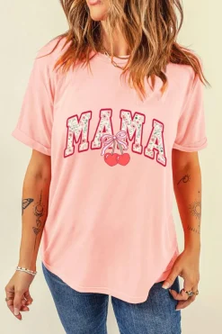 Sale Dear-Lover Floral MAMA Cherry Graphic Crewneck T Shirt Pink