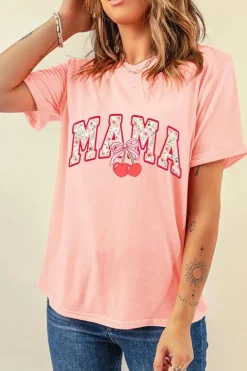 Sale Dear-Lover Floral MAMA Cherry Graphic Crewneck T Shirt Pink