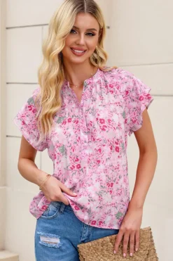 Outlet Dear-Lover Floral Mandarin Collar Top Pink