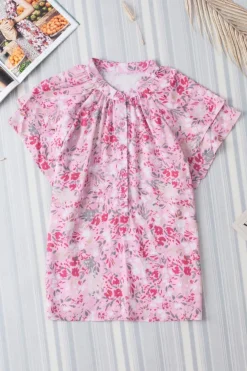 Outlet Dear-Lover Floral Mandarin Collar Top Pink