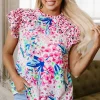 Online Dear-Lover Floral Mixed Print Ruffle Cap Sleeve Blouse Pink