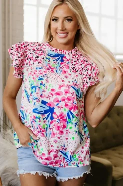 Online Dear-Lover Floral Mixed Print Ruffle Cap Sleeve Blouse Pink