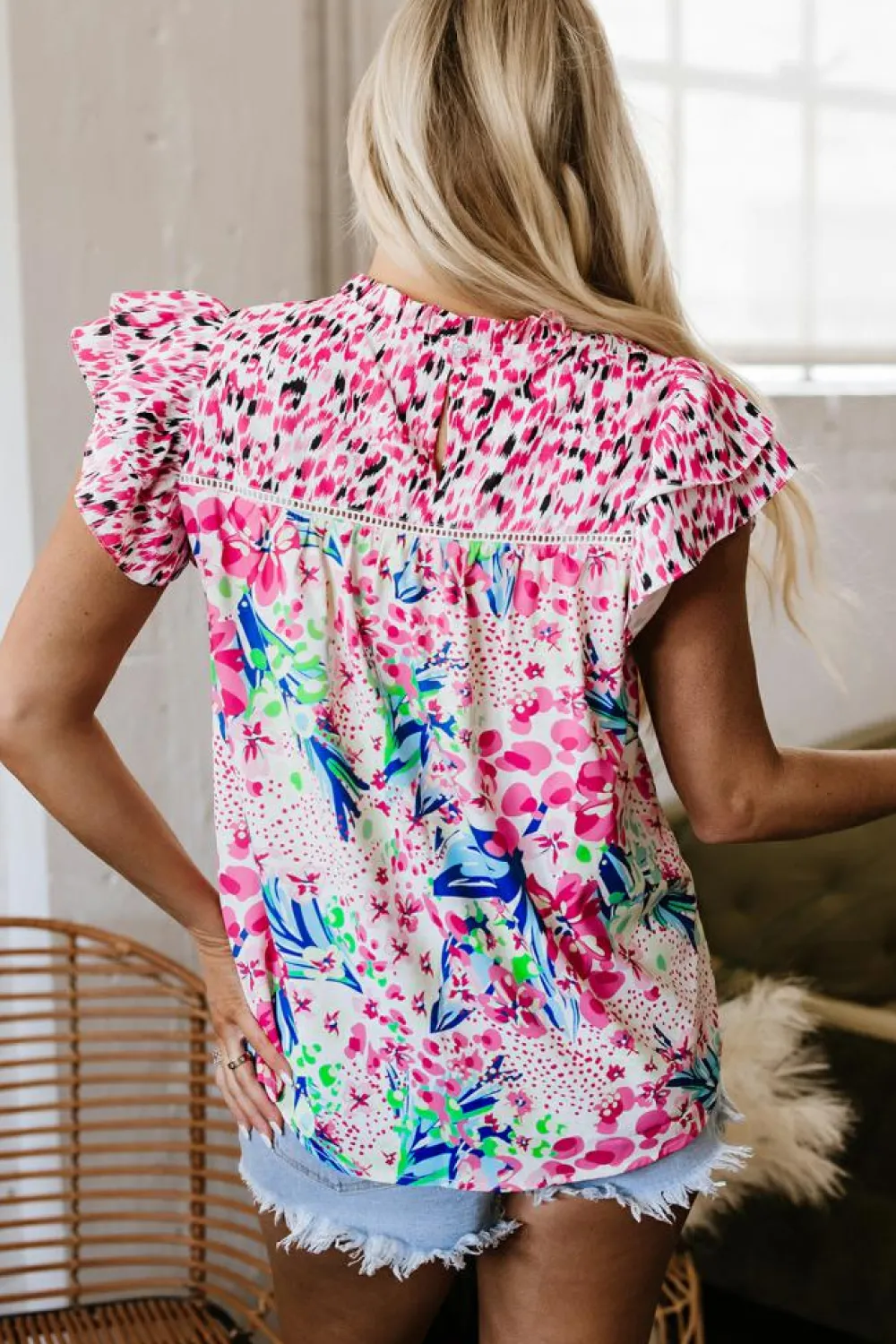 Online Dear-Lover Floral Mixed Print Ruffle Cap Sleeve Blouse Pink