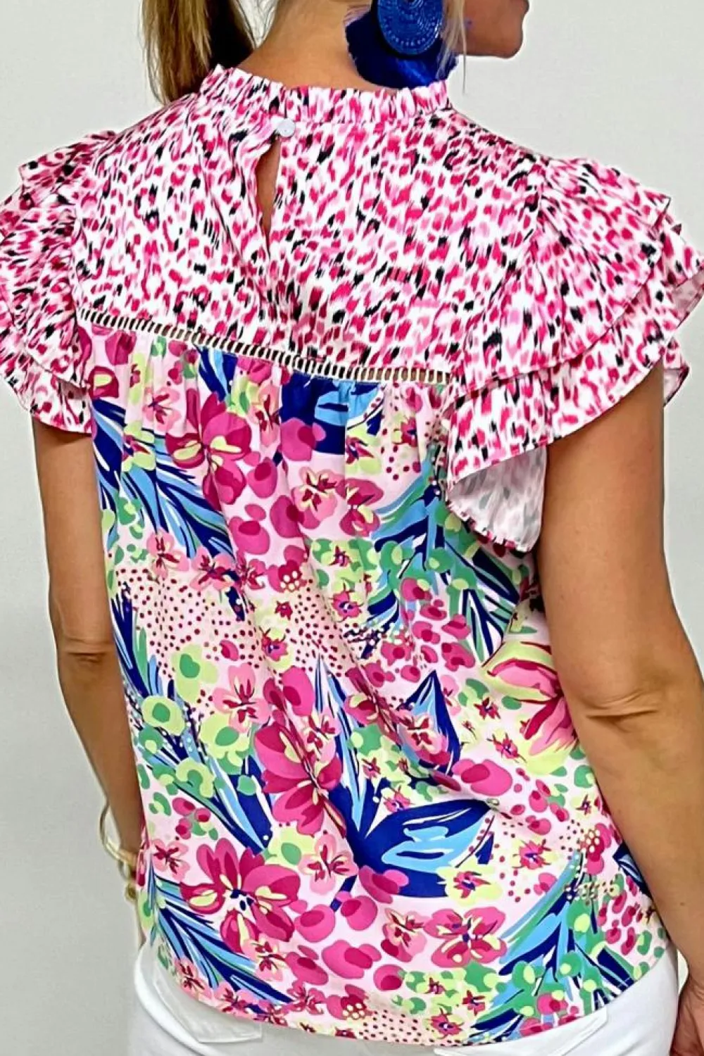 Online Dear-Lover Floral Mixed Print Ruffle Cap Sleeve Blouse Pink