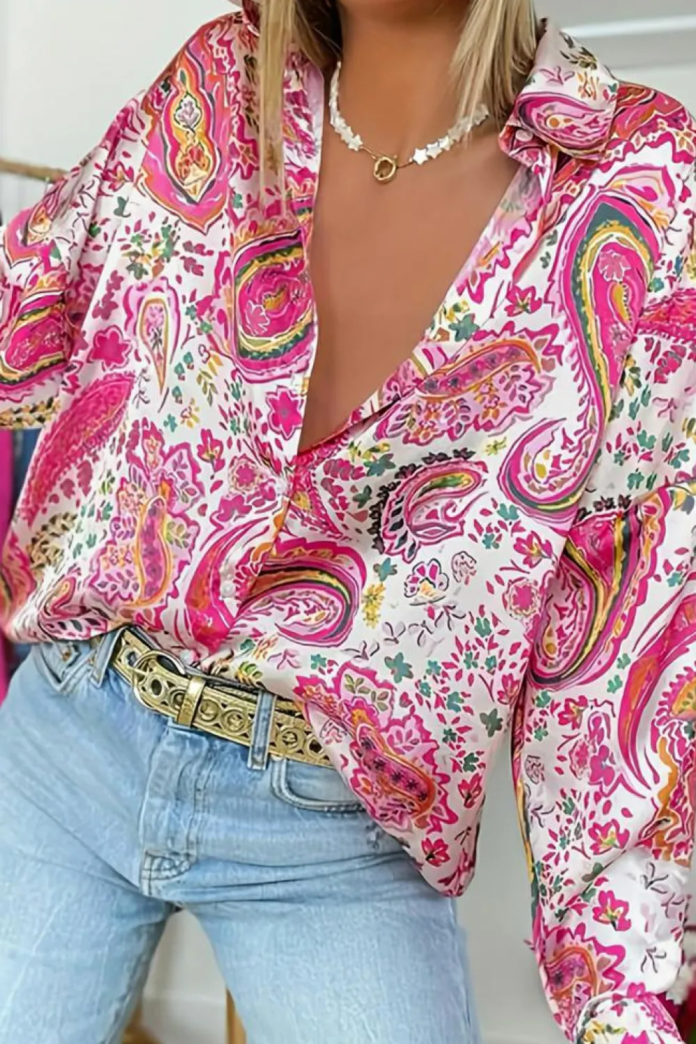 Hot Dear-Lover Floral Paisley Printed Casual Shirt Pink