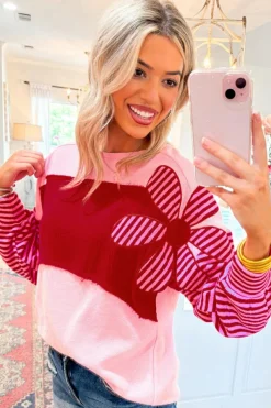Outlet Dear-Lover Floral Patch Color Block Striped Sleeve Textured Top Pink