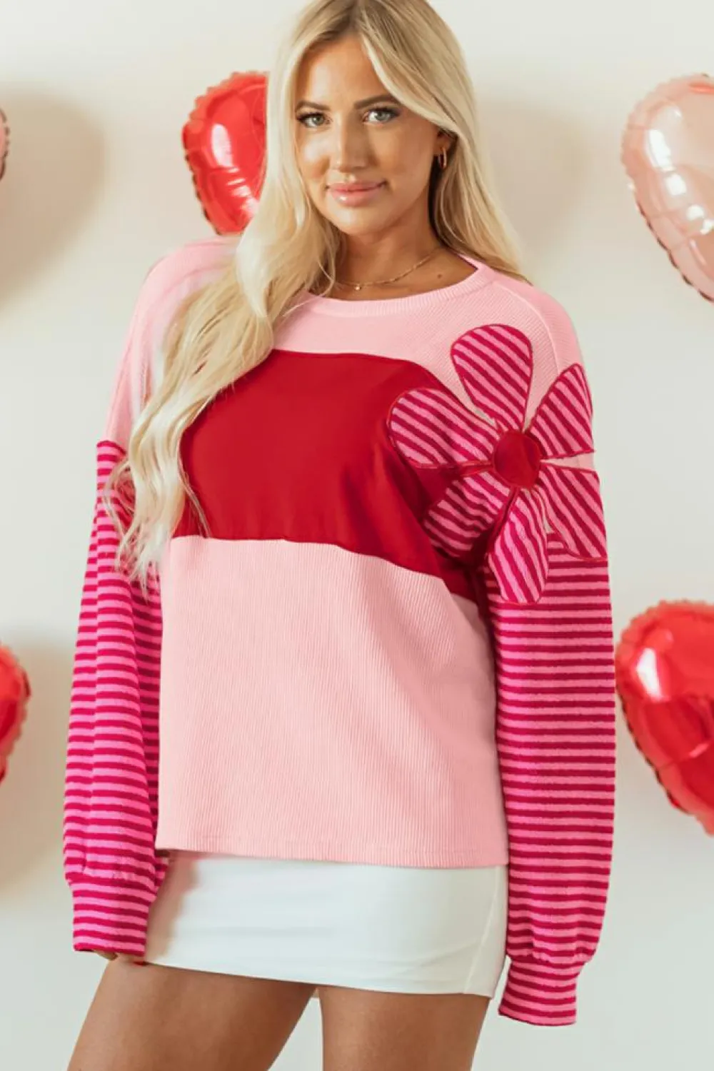 Outlet Dear-Lover Floral Patch Color Block Striped Sleeve Textured Top Pink