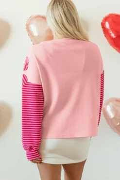 Outlet Dear-Lover Floral Patch Color Block Striped Sleeve Textured Top Pink