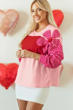 Outlet Dear-Lover Floral Patch Color Block Striped Sleeve Textured Top Pink