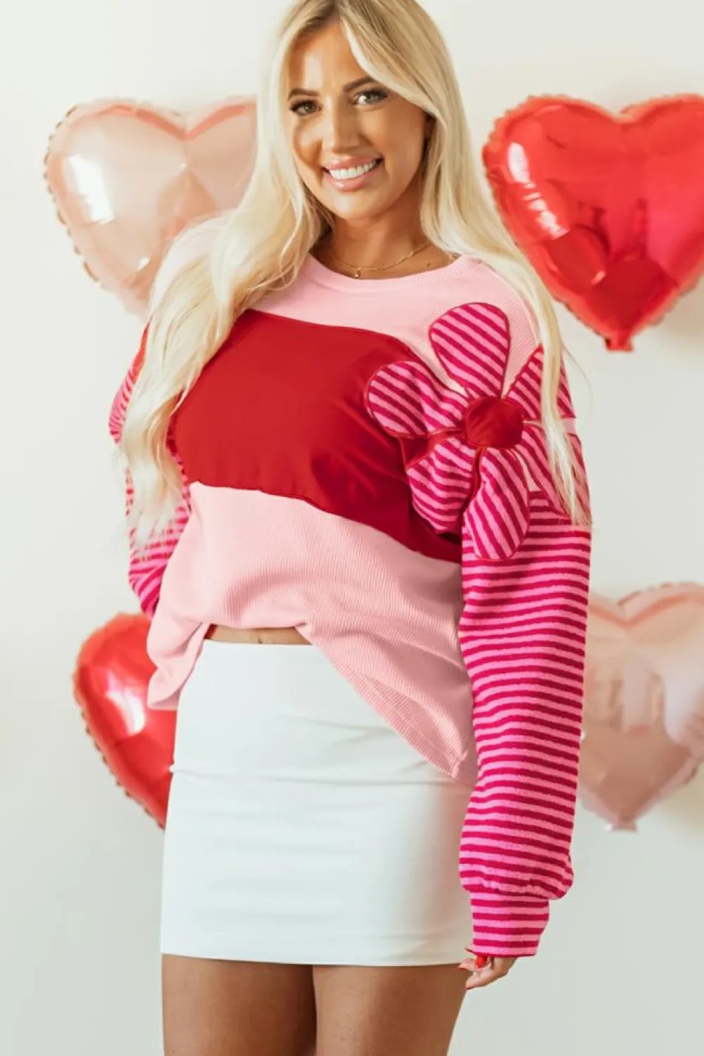 Outlet Dear-Lover Floral Patch Color Block Striped Sleeve Textured Top Pink