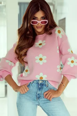 Online Dear-Lover Floral Pattern Drop Shoulder Sweater Pink