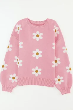 Online Dear-Lover Floral Pattern Drop Shoulder Sweater Pink