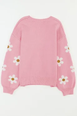 Online Dear-Lover Floral Pattern Drop Shoulder Sweater Pink
