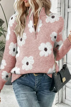 Best Dear-Lover Floral Pattern Half Zip Drop Shoulder Sweater Pink