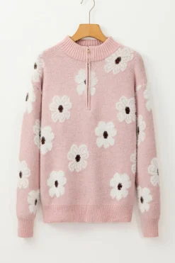 Best Dear-Lover Floral Pattern Half Zip Drop Shoulder Sweater Pink