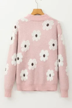 Best Dear-Lover Floral Pattern Half Zip Drop Shoulder Sweater Pink
