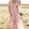 Discount Dear-Lover Floral Pleated Bust Deep V Empire Waist Backless Maxi Dress Pink