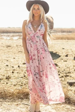 Discount Dear-Lover Floral Pleated Bust Deep V Empire Waist Backless Maxi Dress Pink