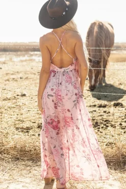 Discount Dear-Lover Floral Pleated Bust Deep V Empire Waist Backless Maxi Dress Pink