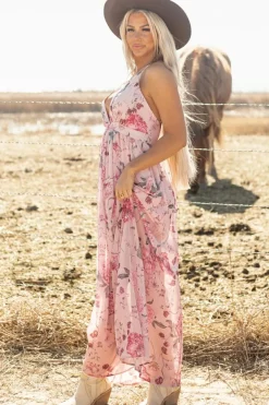 Discount Dear-Lover Floral Pleated Bust Deep V Empire Waist Backless Maxi Dress Pink