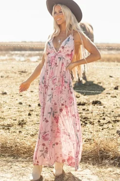 Discount Dear-Lover Floral Pleated Bust Deep V Empire Waist Backless Maxi Dress Pink