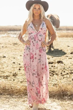 Discount Dear-Lover Floral Pleated Bust Deep V Empire Waist Backless Maxi Dress Pink