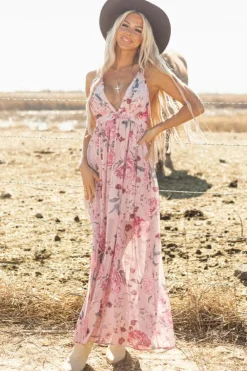 Discount Dear-Lover Floral Pleated Bust Deep V Empire Waist Backless Maxi Dress Pink