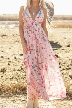 Discount Dear-Lover Floral Pleated Bust Deep V Empire Waist Backless Maxi Dress Pink