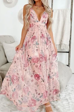 Discount Dear-Lover Floral Pleated Bust Deep V Empire Waist Backless Maxi Dress Pink