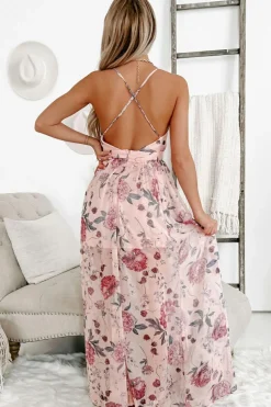 Discount Dear-Lover Floral Pleated Bust Deep V Empire Waist Backless Maxi Dress Pink
